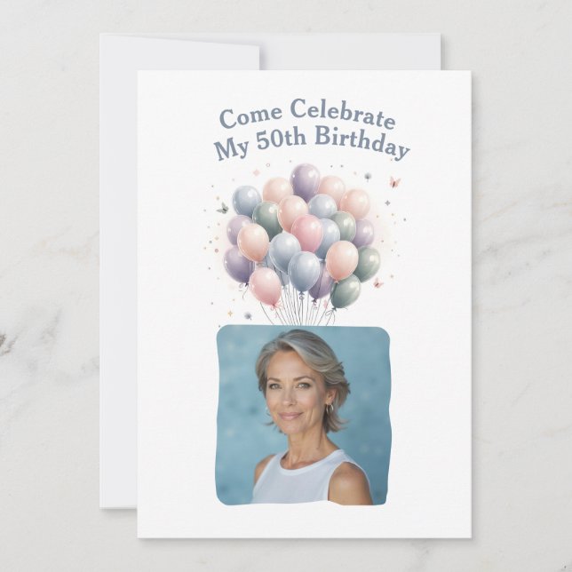 Personalized Photo 50th Birthday Balloons Invitation (Front)