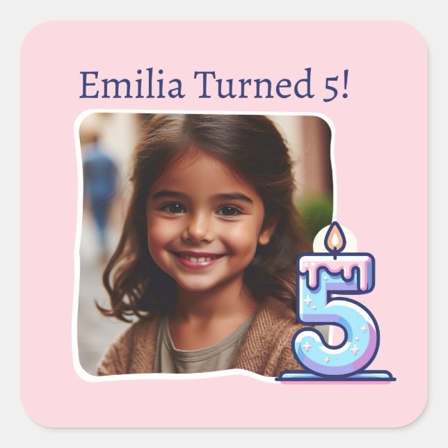 Personalized Photo 5th Birthday Party Square Sticker (Front)