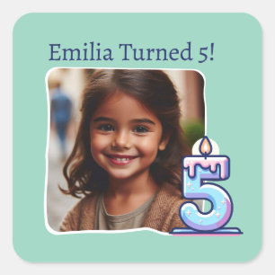 Personalized Photo 5th Birthday Party Square Sticker