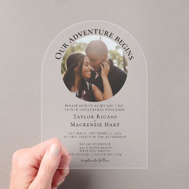 Personalized photo adventure begins wedding acrylic invitations (Insitu (Handheld))
