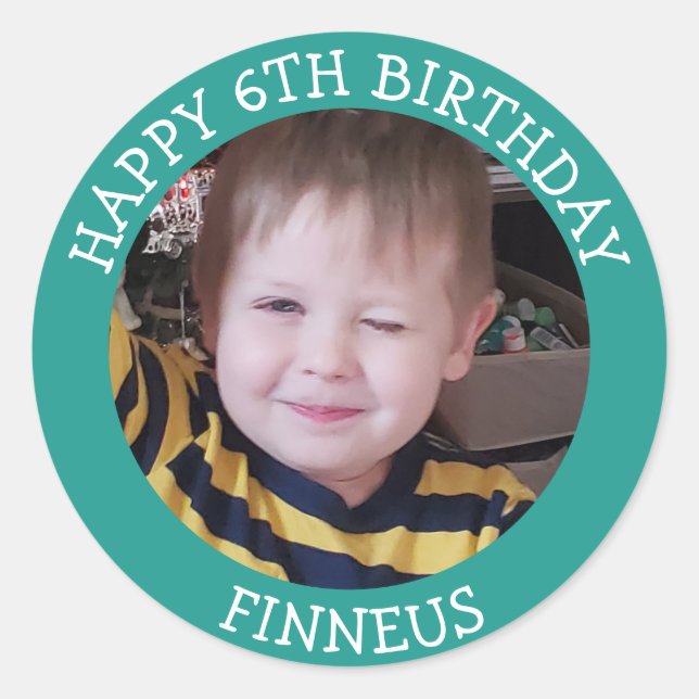 Personalized Photo, Age and Name Birthday     Classic Round Sticker (Front)