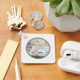 Personalized Photo and Grey Lined Pattern Keychain
