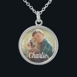 Personalized Photo and Monogram Name Pet Dog Sterling Silver Necklace<br><div class="desc">Keep your furry family member close to your heart with this beautiful photo keepsake necklace. Available in silver plate, gold plate, or sterling silver finishes. Designed to honour a beloved dog, cat, or other pet. Features a photo design with custom white script monogram overlay you can personalize with their name....</div>
