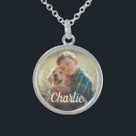 Personalized Photo and Monogram Name Pet Dog Sterling Silver Necklace<br><div class="desc">Keep your furry family member close to your heart with this beautiful photo keepsake necklace. Available in silver plate, gold plate, or sterling silver finishes. Designed to honour a beloved dog, cat, or other pet. Features a photo design with custom white script monogram overlay you can personalize with their name....</div>