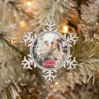 Personalized photo and name christmas snowflake pewter christmas ornament