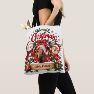 Personalized Photo And Name Christmas Tote Bag