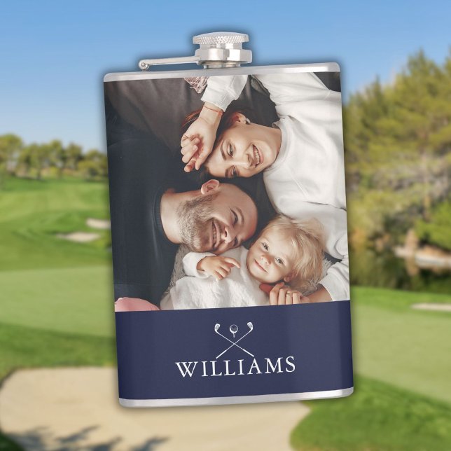 Personalized Photo And Name Golf Clubs Navy Blue Hip Flask (Personalized Photo And Name Golf Clubs Navy Blue Flask)