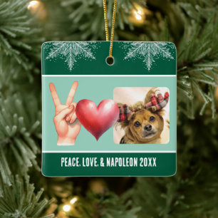 Personalized Photo and Name Peace Love Snowflake Ceramic Ornament