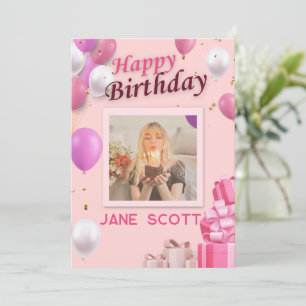 Personalized Photo and Name Pink Balloon Birthday Thank You Card
