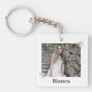 Personalized Photo and Name Pink Floral Keychain