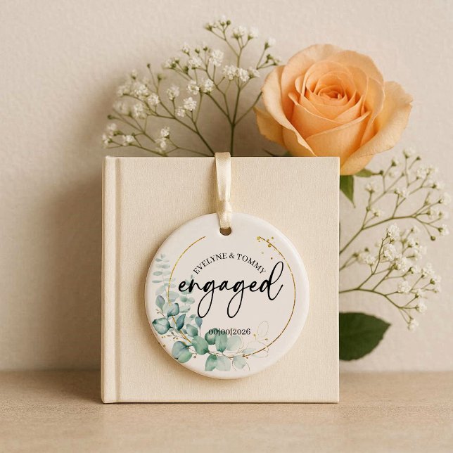 Personalized Photo and Text Engaged  Ceramic Ornament (Creator Uploaded)