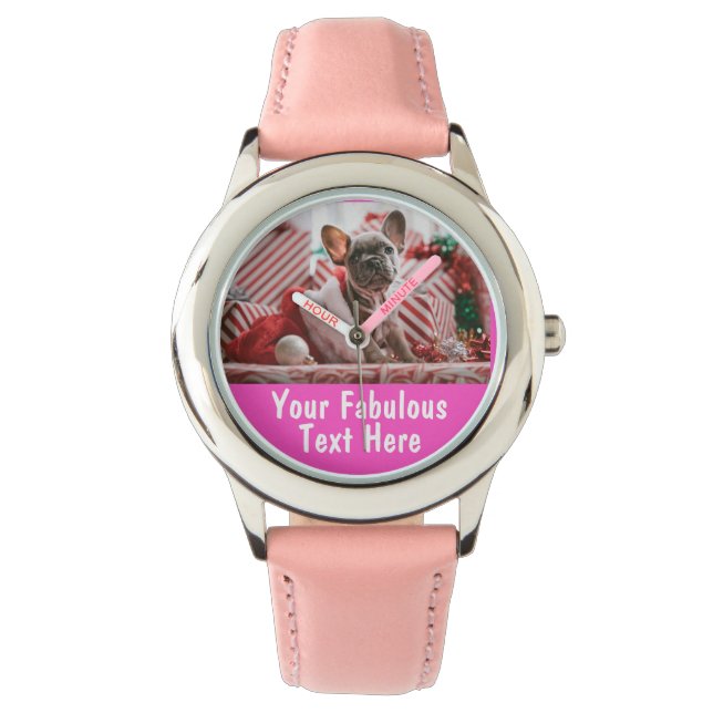 Personalized Photo and Text Girly Pink Hearts Cute Watch (Front)