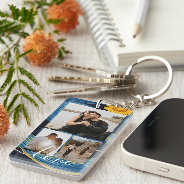 Personalized Photo and Text Photo Collage  Keychain (Front Right)