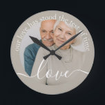 Personalized Photo and Text Photo Round Clock<br><div class="desc">Make a Personalized Photo wall clock from Ricaso - add your own photo and text - photo keepsake gifts - Our love has stood the test of time - perfect anniversary gift idea</div>