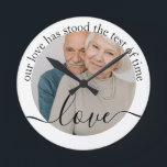 Personalized Photo and Text Photo Round Clock<br><div class="desc">Make a Personalized Photo wall clock from Ricaso - add your own photo and text - photo keepsake gifts - Our love has stood the test of time - perfect anniversary gift idea</div>