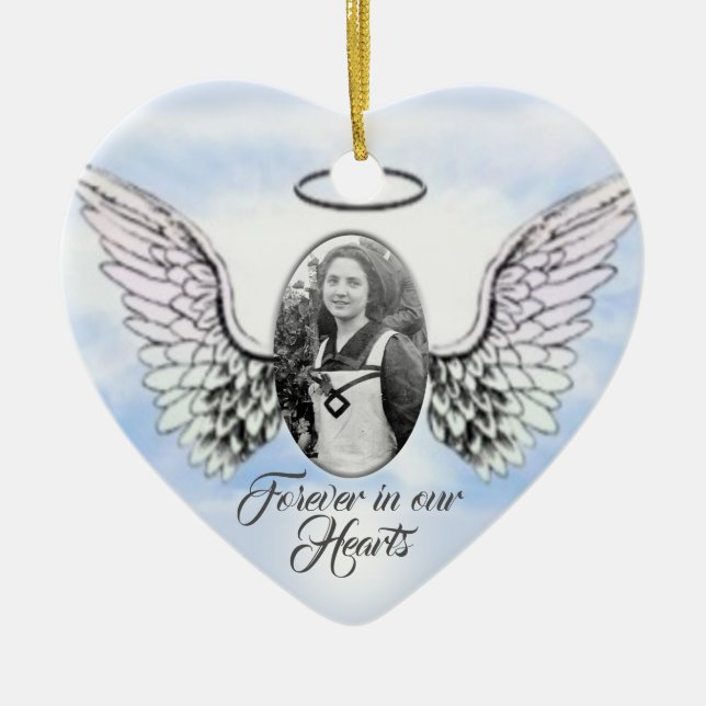 Personalized Photo Angel Wings and Heart Memorial Ceramic Ornament (Front)