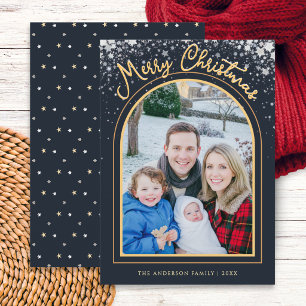 Personalized Photo Arch Dark Blue Merry Christmas Holiday Card