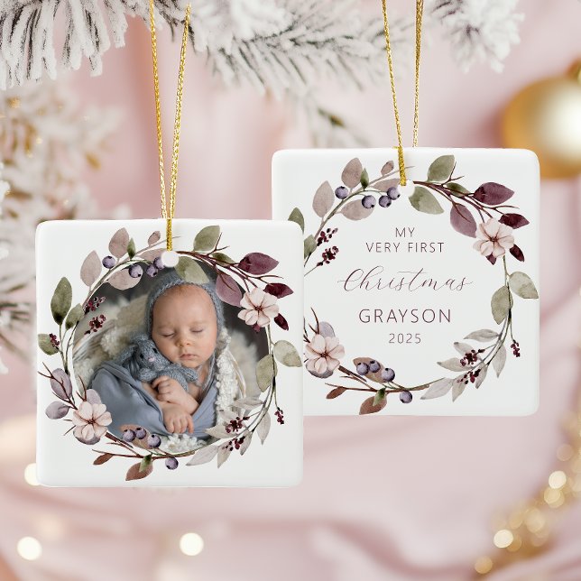 Personalized Photo Baby First Christmas Purple Ceramic Ornament (Creator Uploaded)