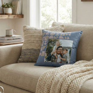 Personalized Photo Best Dad Ever Blue Geometric Throw Pillow