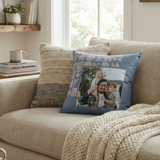 Personalized Photo Best Dad Ever Blue Geometric Throw Pillow (Creator Uploaded)