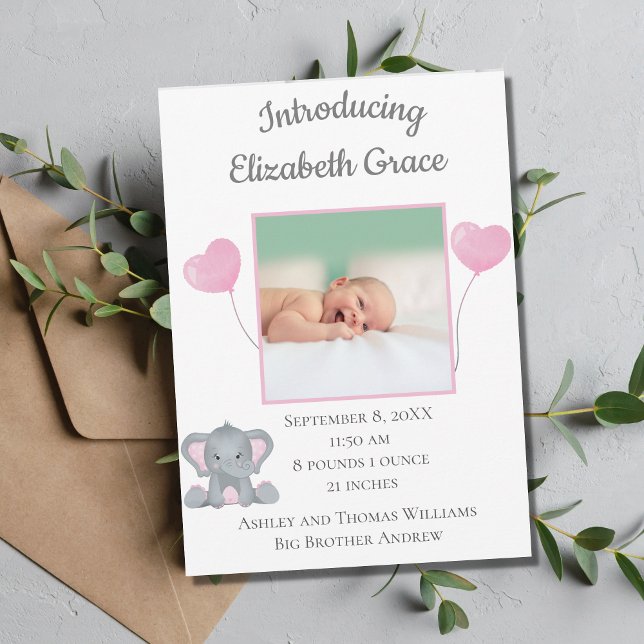 Personalized Photo Birth Stats Girl Baby Elephant  Announcement (Creator Uploaded)