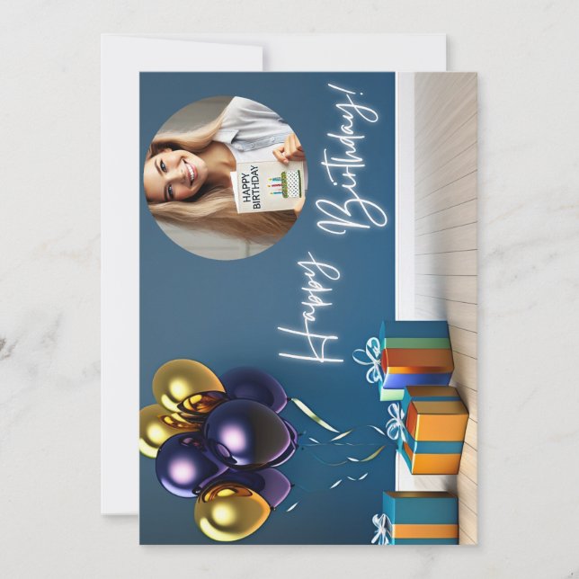 Personalized Photo Birthday Card - Balloons & Gift (Front)