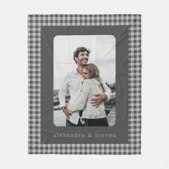 Personalized Photo Black and Grey Gingham Plaid  Fleece Blanket (Front)