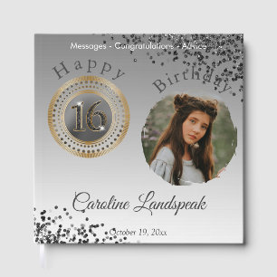 Personalized Photo Black Glitter Sweet 16 Birthday Guest Book