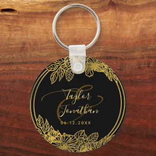 Personalized Photo Black Gold Flowers Chic Wedding Keychain