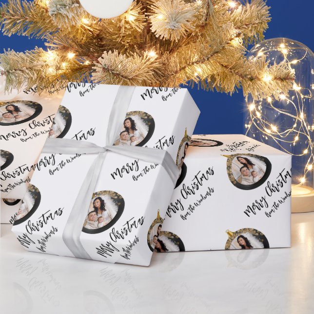 Personalized Photo Black Gold Merry Christmas Wrapping Paper (Holidays)