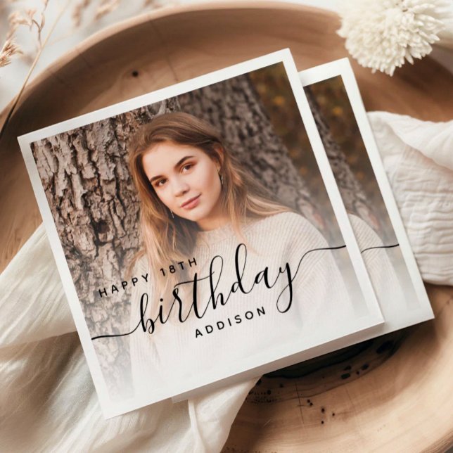 Personalized Photo Black Script 18th Birthday Napkin (Creator Uploaded)