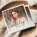 Personalized Photo Black Script 18th Birthday Napkin<br><div class="desc">Modern birthday party napkins featuring a custom photo. Easily replace the sample image with a photo of the guest of honour. The word "birthday" appears in elegant black handwriting script. Personalize the text with the name and birthday year in black sans serif font. A white gradient overlay helps make the...</div>