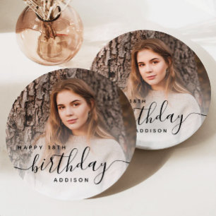 Personalized Photo Black Script 18th Birthday Paper Plate