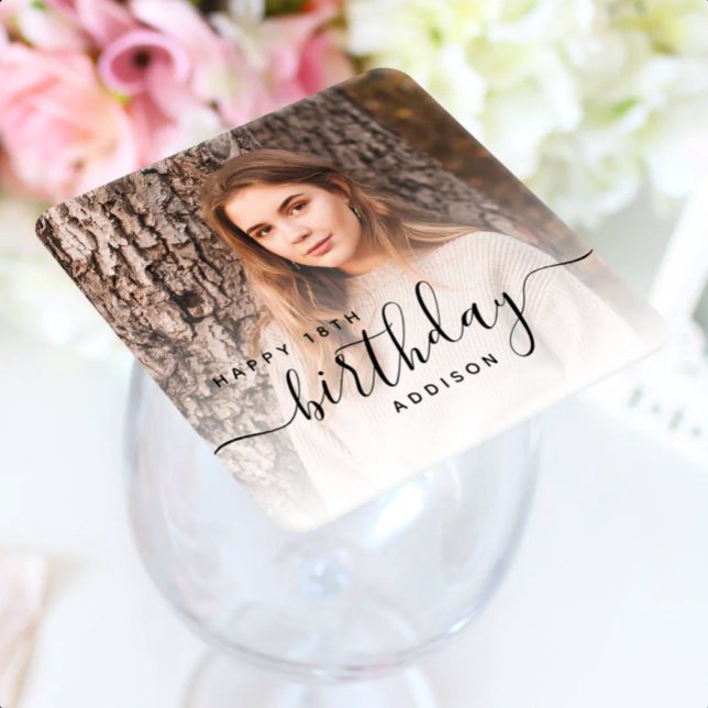 Personalized Photo Black Script 18th Birthday Square Paper Coaster (Creator Uploaded)