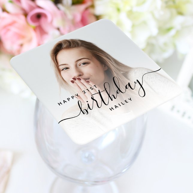 Personalized Photo Black Script 21st Birthday Square Paper Coaster (Creator Uploaded)
