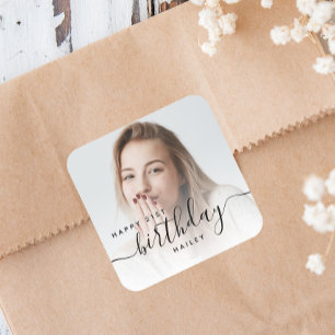 Personalized Photo Black Script 21st Birthday Square Sticker