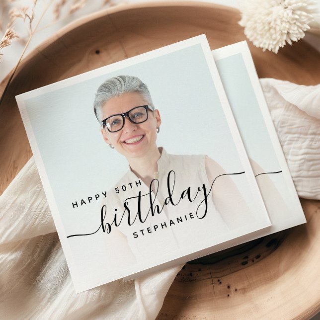 Personalized Photo Black Script 50th Birthday Napkin (Creator Uploaded)