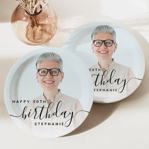 Personalized Photo Black Script 50th Birthday Paper Plate
