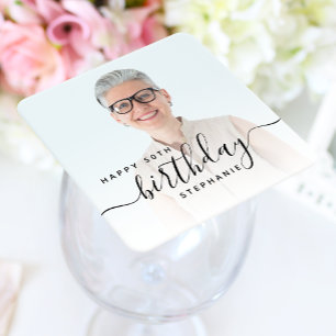 Personalized Photo Black Script 50th Birthday Square Paper Coaster