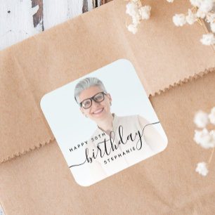 Personalized Photo Black Script 50th Birthday Square Sticker