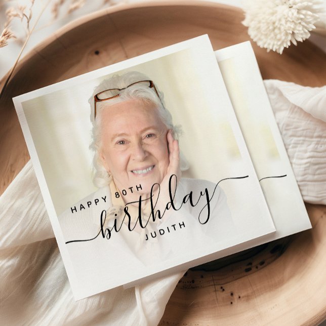 Personalized Photo Black Script 80th Birthday Napkin (Creator Uploaded)