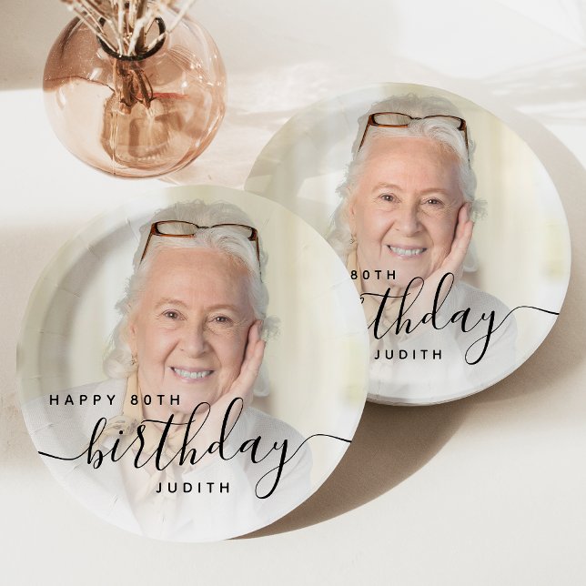 Personalized Photo Black Script 80th Birthday Paper Plate (Creator Uploaded)