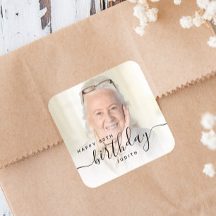 Personalized Photo Black Script 80th Birthday Square Sticker