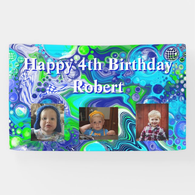 Personalized Photo Blue and Green Birthday Banner (Horizontal)