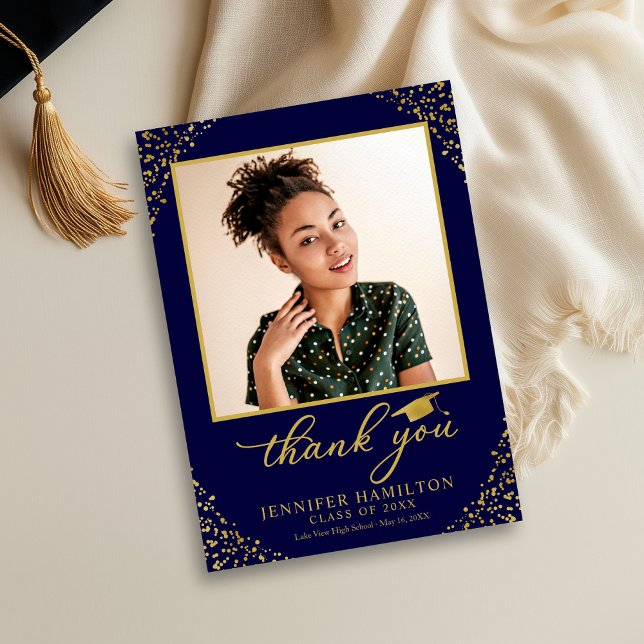  Personalized Photo Blue Gold Graduation Thank You Invitation (Creator Uploaded)