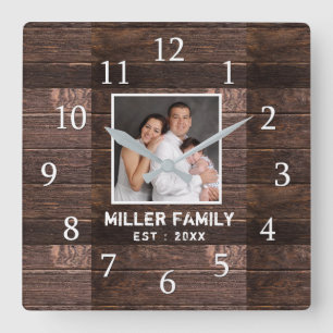  Personalized Photo Brown Wood Family Name  Square Wall Clock