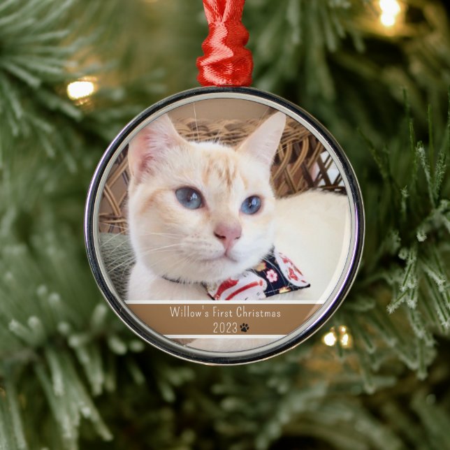Personalized Photo Cat's First Christmas Metal Ornament (Tree)