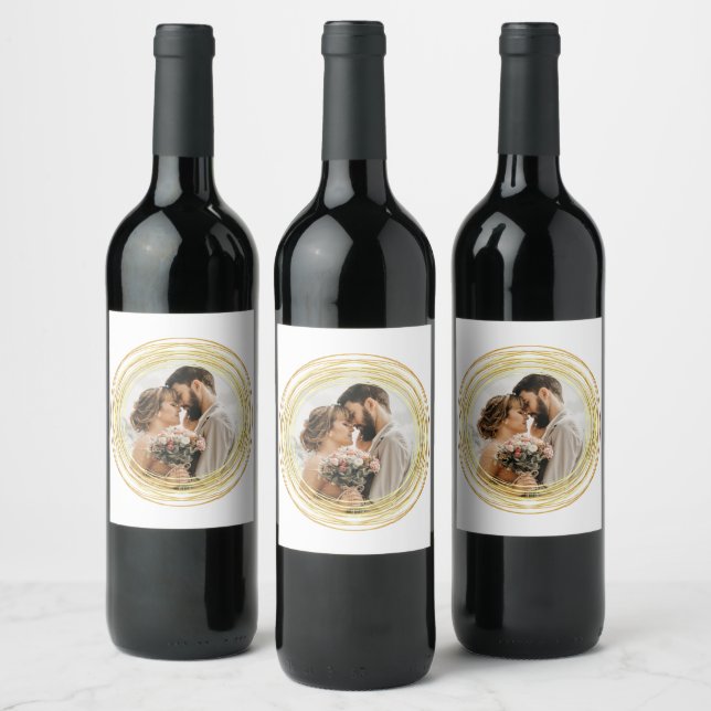 Personalized Photo Chic White Gold Wedding Minimal Wine Label (Bottles)