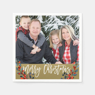 Personalized Photo Christmas Berries Holiday Party Napkin