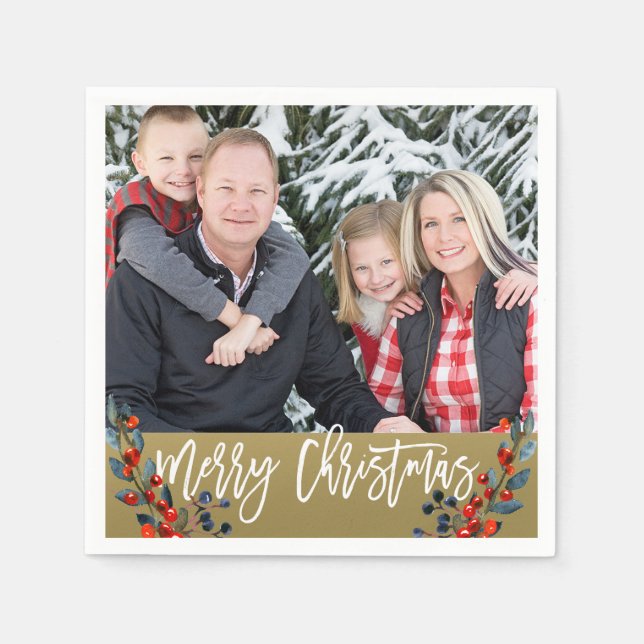 Personalized Photo Christmas Berries Holiday Party Napkin (Front)
